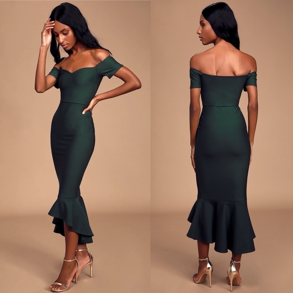 How Much I Care Dark Green Off-the-Shoulder Midi Dress